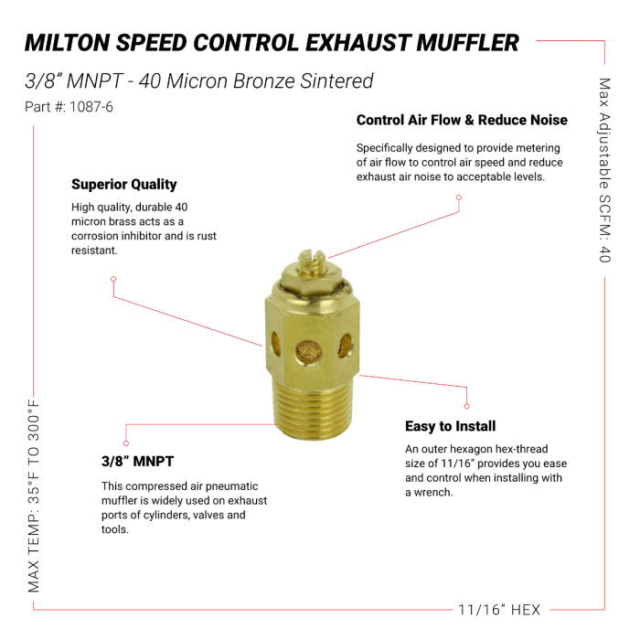 Speed Control Exhaust Muffler, 3/8” MNPT - 40 Micron Sintered Bronze Silencer/Diffuse Air & Noise Reducer