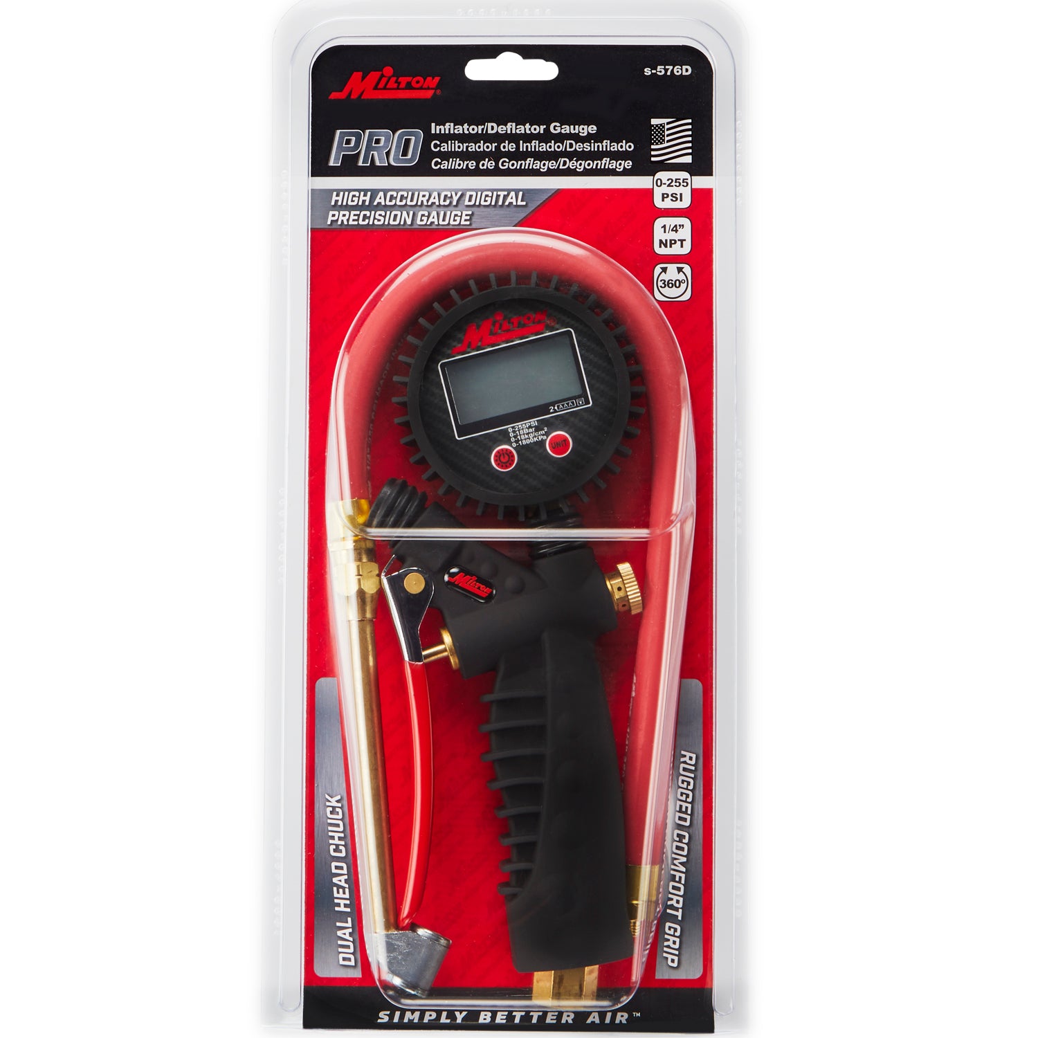 Milton S-578D Pro Digital Tire Inflator - 0-255 PSI Gauge, 15' Hose, Large Bore Dual Head Chuck, Made In USA