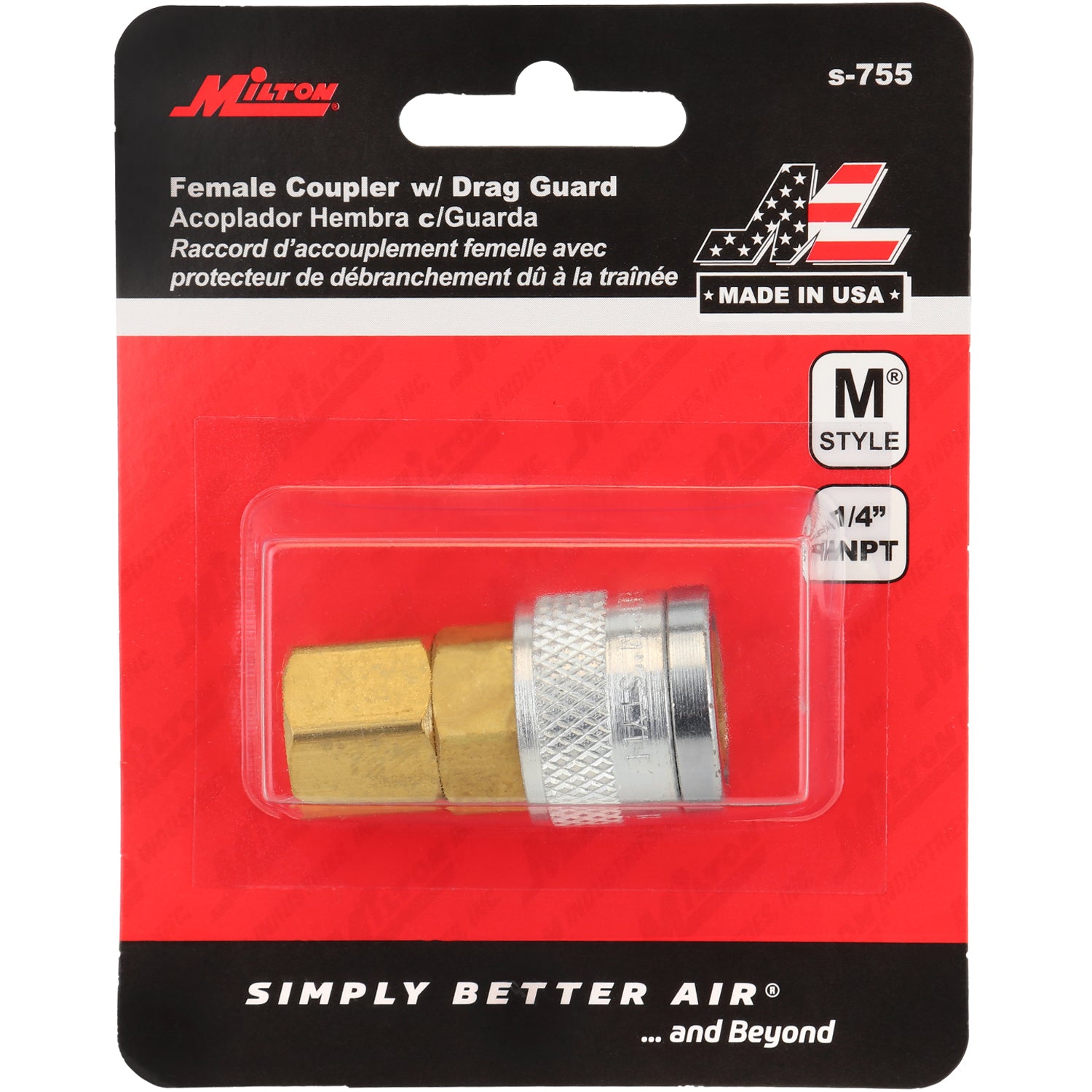 Milton 1/4" FNPT M Style Air Coupler With Drag Guard - Box Of 10, 300 PSI Max, USA Made