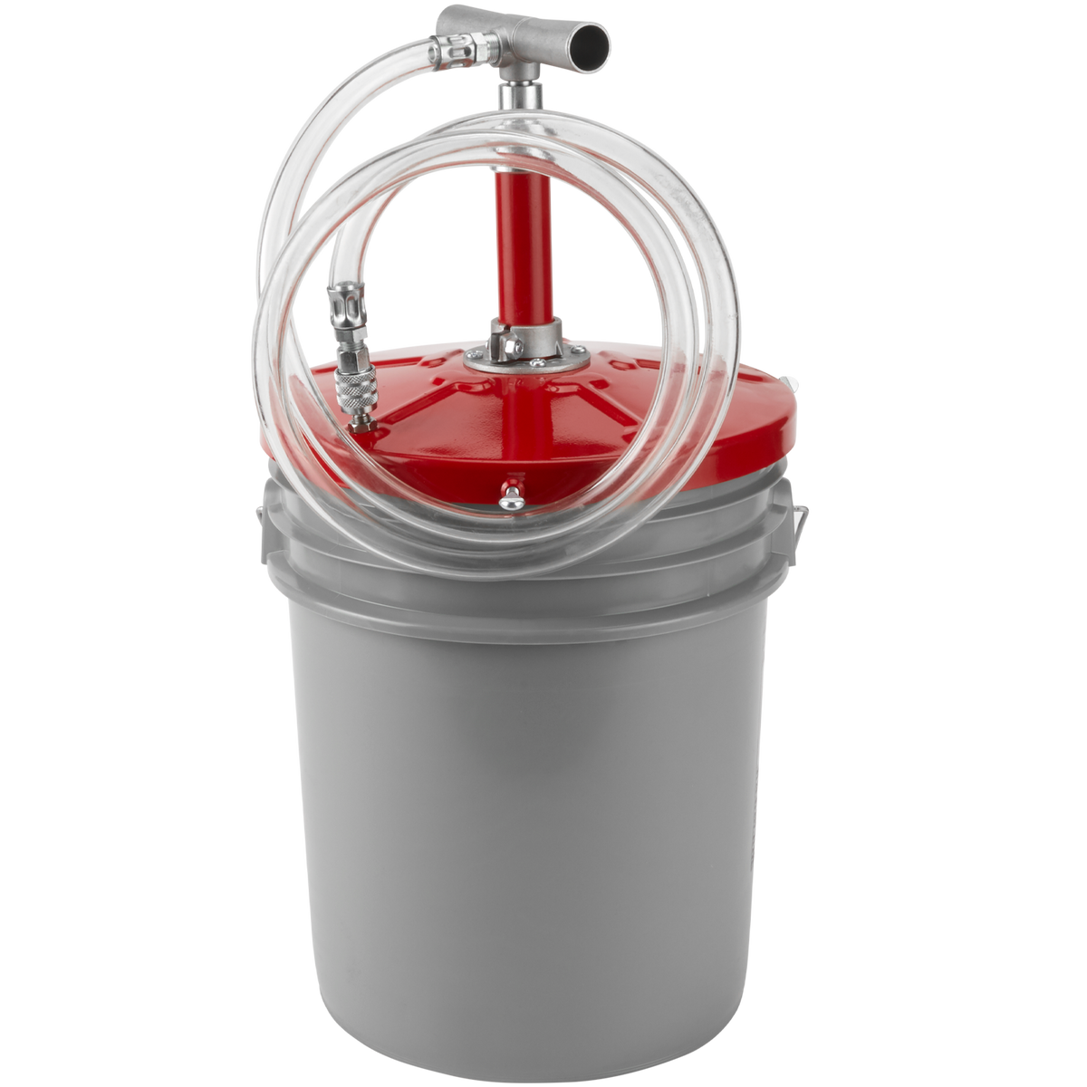 Hand operated tire sealant pump with return valve and 5' hose, designed to fit 5-6 1/2 gallon pails Hand operated tire sealant pump with return valve and 5' hose, designed to fit 5-6 1/2 gallon pails