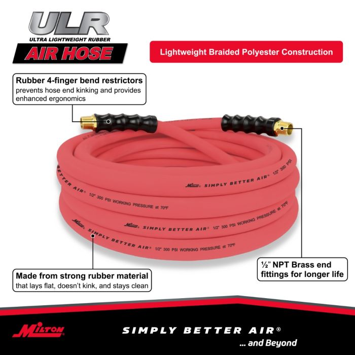 Milton ULR 1/2 ID x 25' (1/2 MNPT) Ultra Lightweight Rubber Air Hose for Extreme Environments