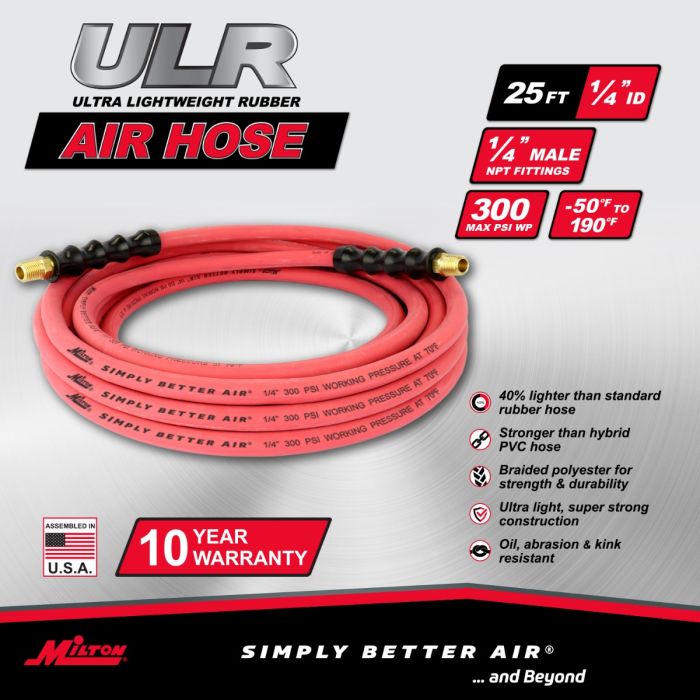 Milton ULR142514 25' Ultra Lightweight Rubber Air Hose, 1/4 NPTM, 1/4 ID