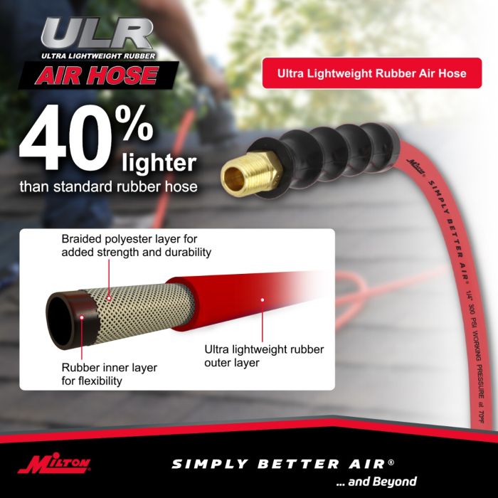 Milton ULR142514 25' Ultra Lightweight Rubber Air Hose, 1/4 NPTM, 1/4 ID
