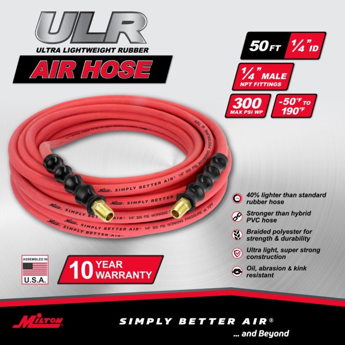 Milton ULR145014 50' Ultra Lightweight Rubber Air Hose, 1/4 NPTM, 1/4 ID