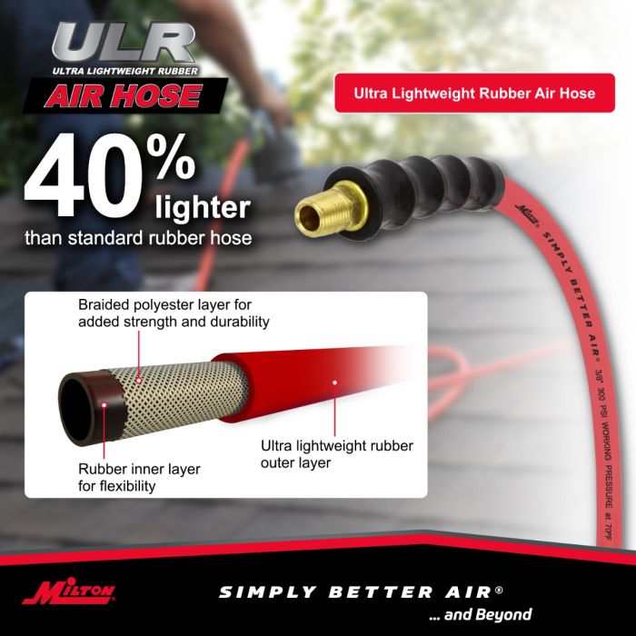 Milton ULR 3/8 ID x 100 (3/8 MNPT) Ultra Lightweight Rubber Hose, Robust, Durable Air Hose for Extreme Environments