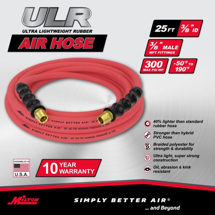 Milton ULR382538 25' Ultra Lightweight Rubber Air Hose, 3/8 NPTM, 3/8 ID
