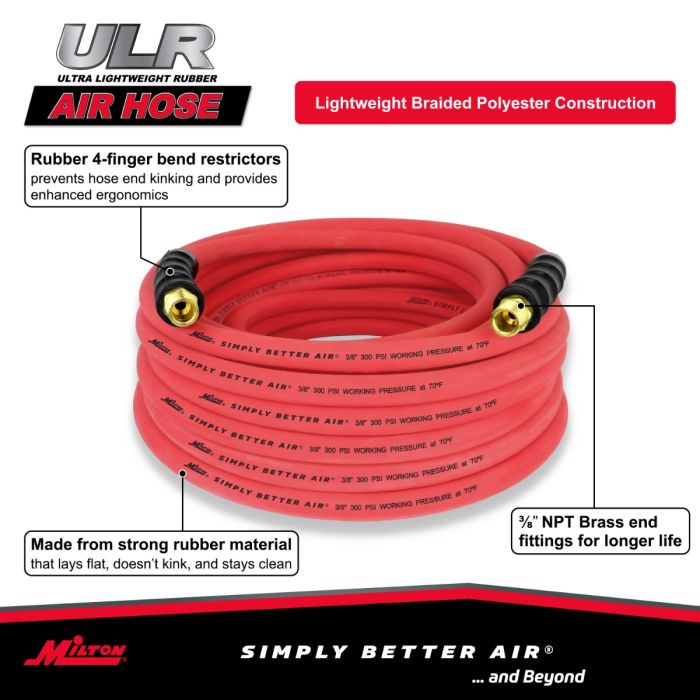 Milton ULR 3/8 ID x 50' (3/8 MNPT) Ultra Lightweight Rubber Air Hose for Extreme Environments