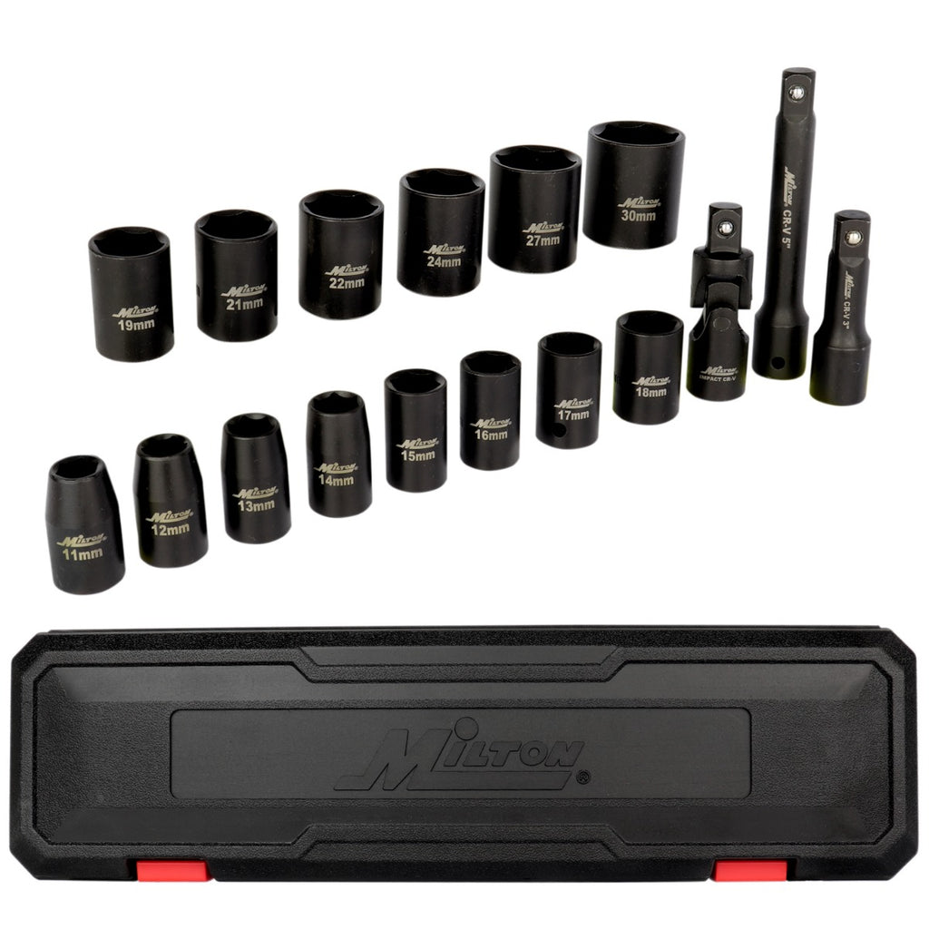 1300-SS-06 1/2 Drive Shallow 11-30 Metric Impact Socket Set w/Universal Joint & Extension Bars (17-Piece)