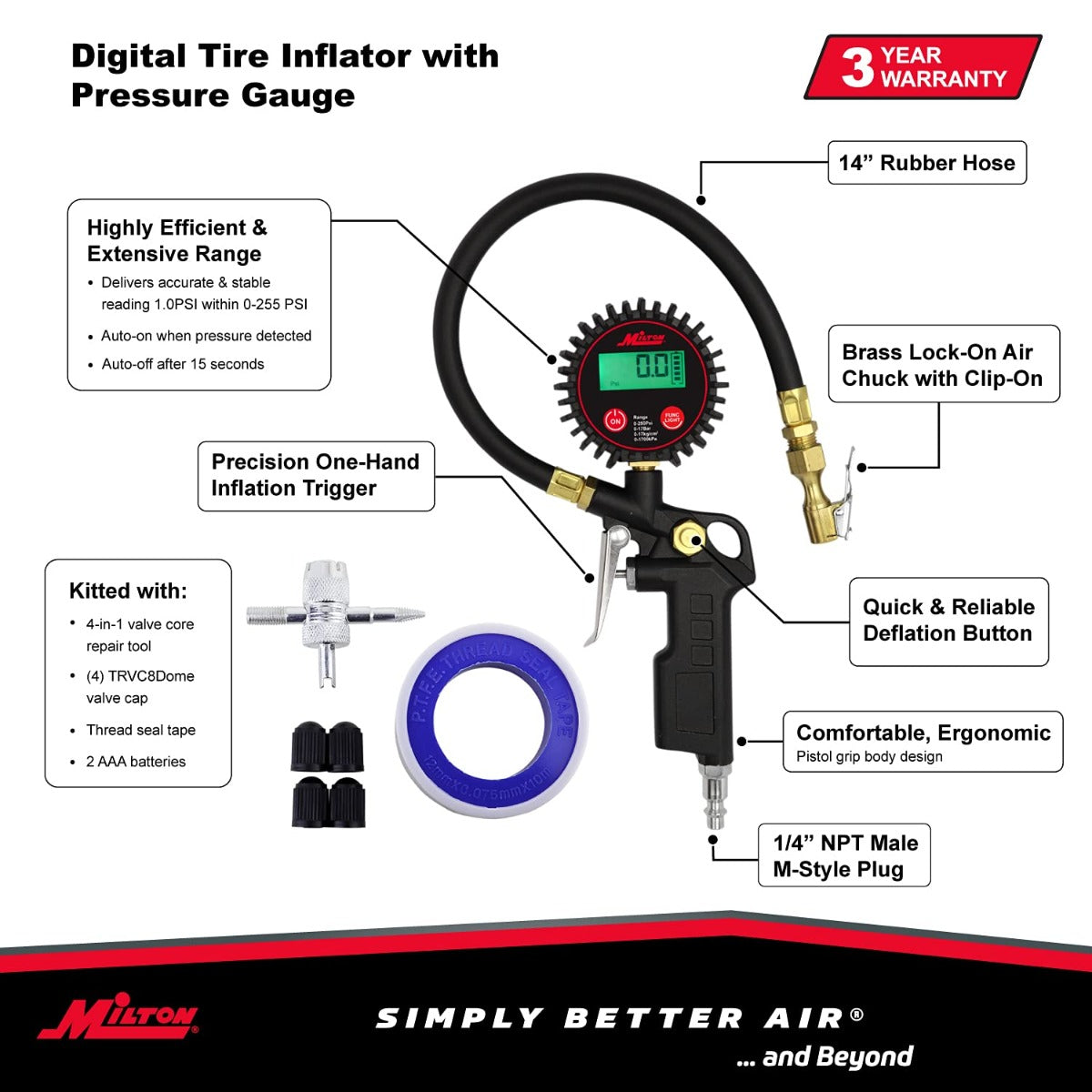 Digital Tire Inflator w/ Accurate Tire Pressure Gauge, 0-250 PSI, 14