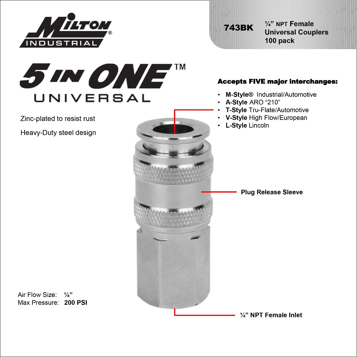 Milton 5inOne Universal Quick Connect Coupler 1/4 NPT