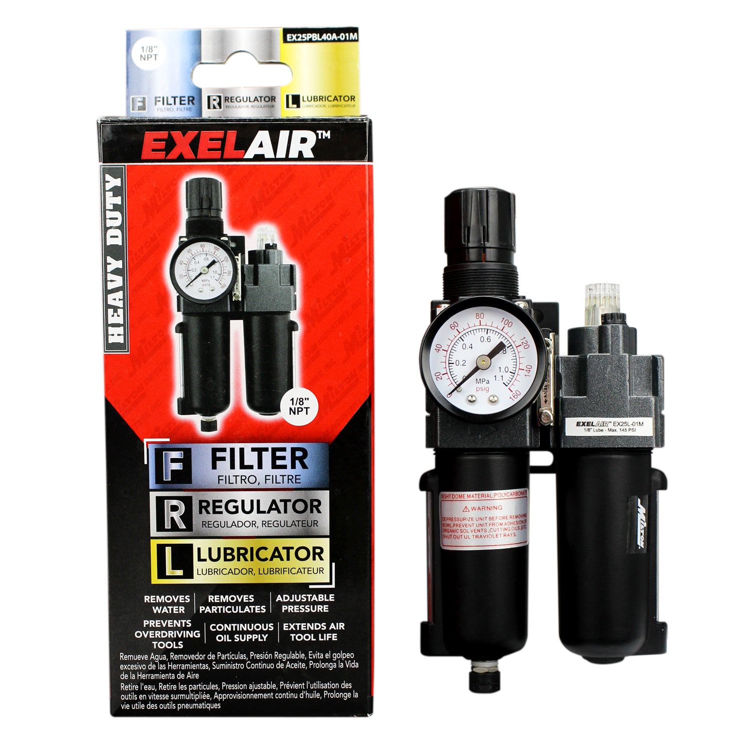 EXELAIR® FRL Mini/Piggyback Air Filter & Regulator w/ Lubricator, 1/8