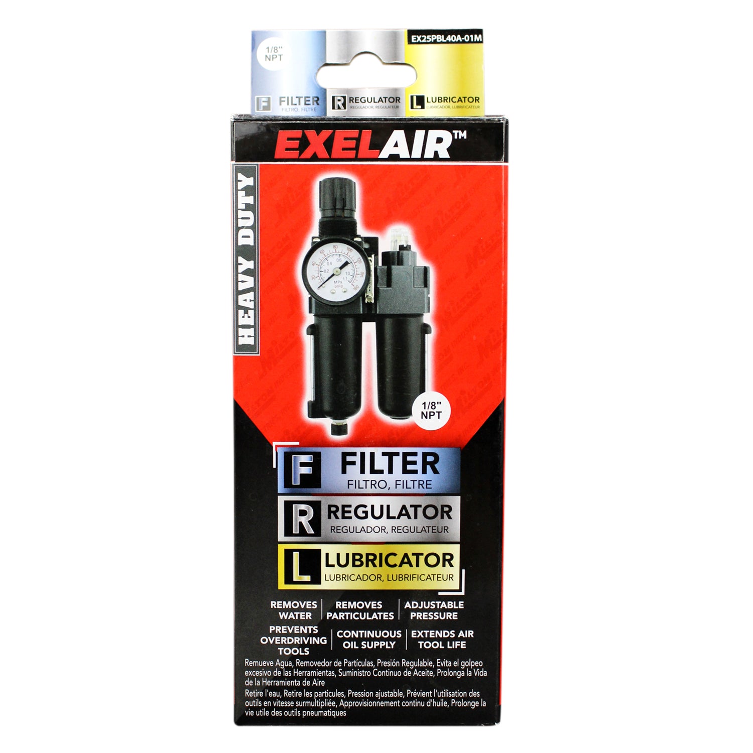 EXELAIR® FRL Mini/Piggyback Air Filter & Regulator w/ Lubricator, 1/8