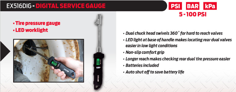 EXELAIR® by Milton® Digital Tire Pressure Gauge w/ Extended 360 Swivel Dual Head Air Chuck, 5-100 PSI