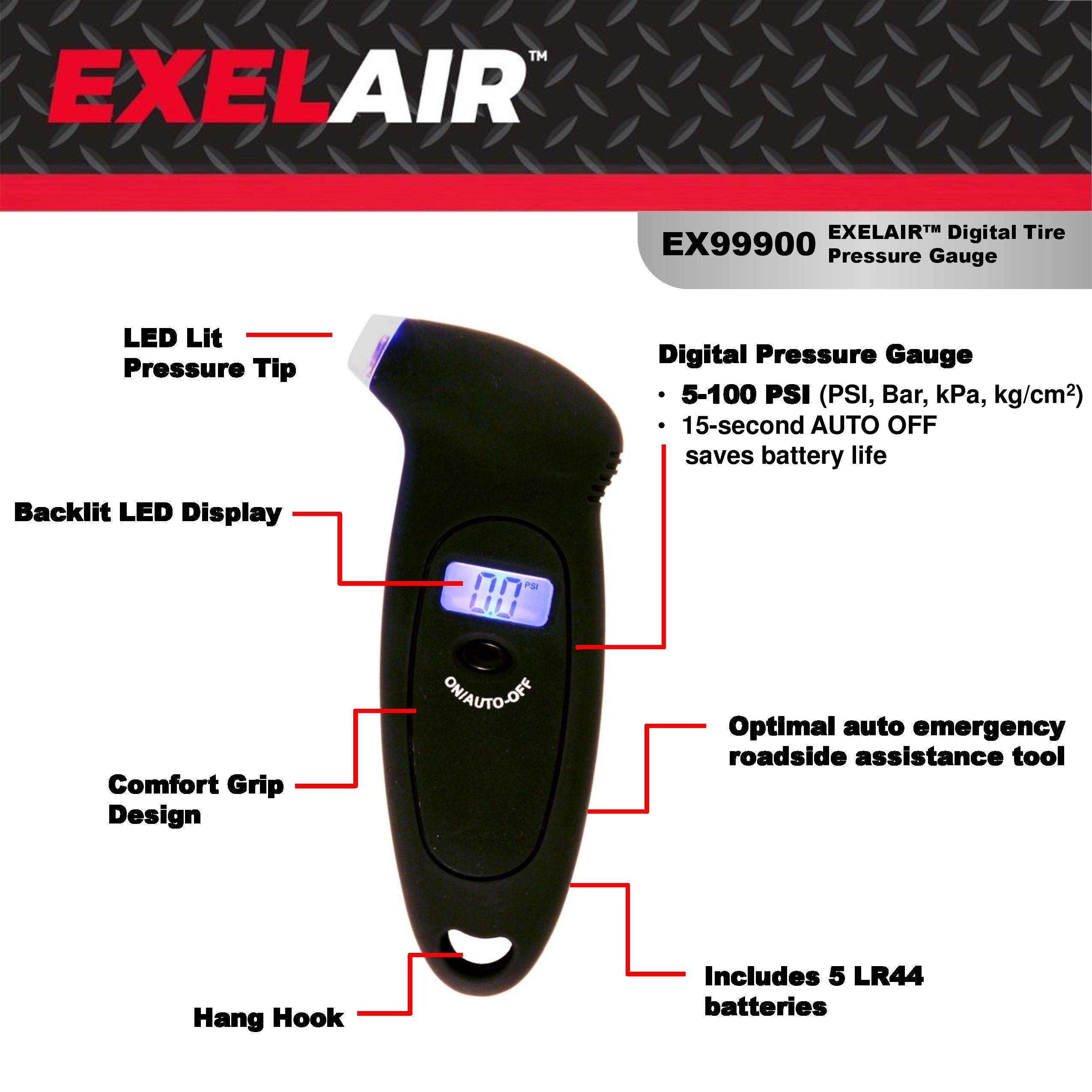 EXELAIR® by Milton® Digital Tire Gauge, LED Light Tip, 5-100 PSI (EX99900)