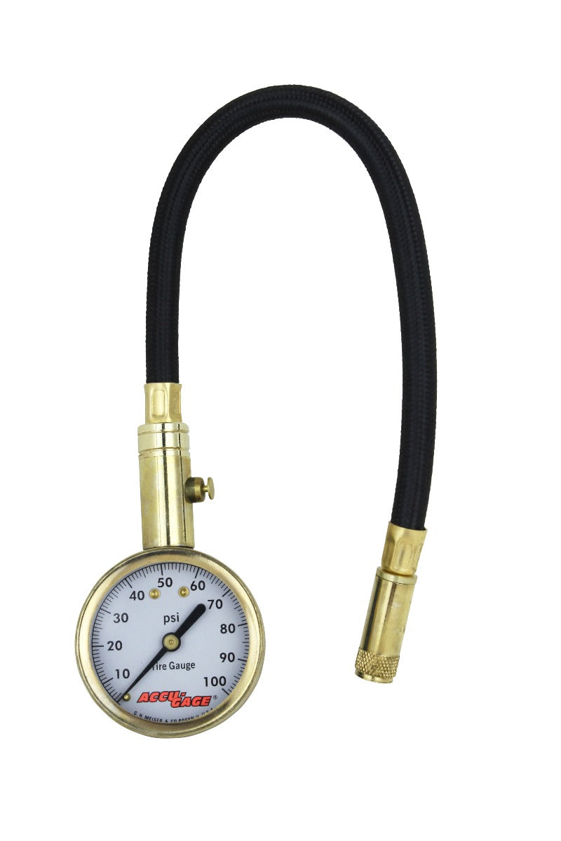 ACCU-GAGE® by Milton® Dial Tire Pressure Gauge with Straight Air Chuck and 11 in. Braided Hose - ANSI Certified for Motorcycle/Car/Truck Tires (0-100 PSI)