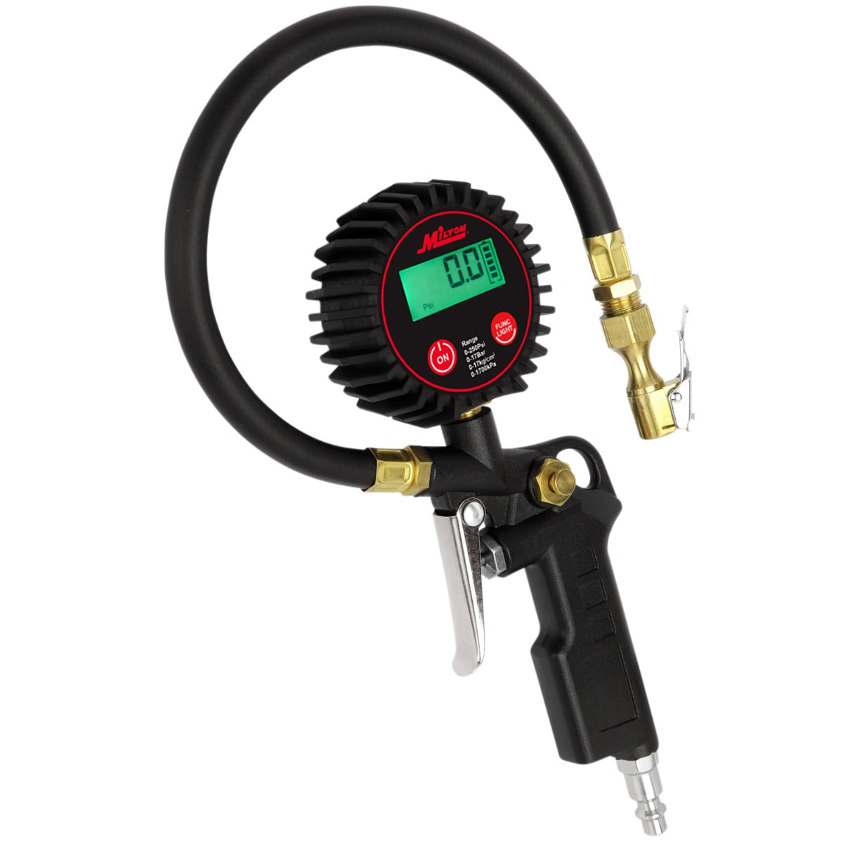 Milton® Digital Tire Inflator with Pressure Gauge, 0-250 PSI, Accurate Tire  Pressure Gauge, with 14 Rubber Air Hose, Brass Lock-On Clip Air Chuck and  Compressor Accessories — Milton® Industries Inc.