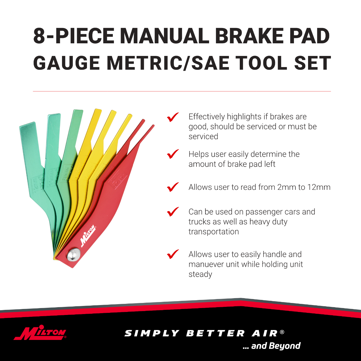 8-Piece Manual Brake Pad Gauge Metric/SAE Tool Set, Easy to Read Color Coded - 2mm to 12mm