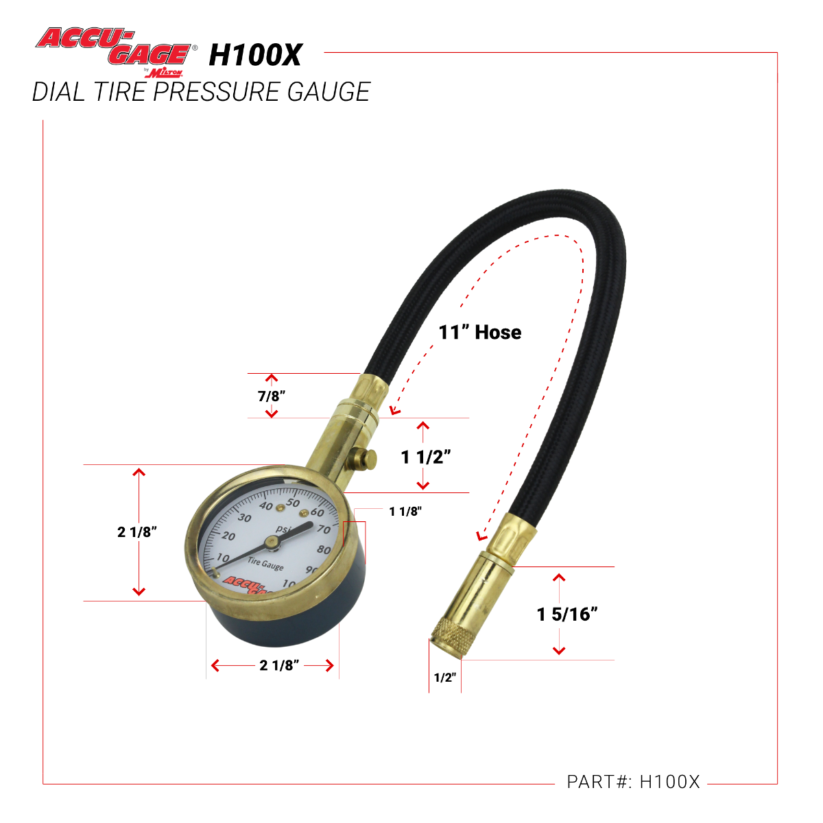 ACCU-GAGE® by Milton® 0-100 PSI Dial Tire Pressure Gauge with Straight ...
