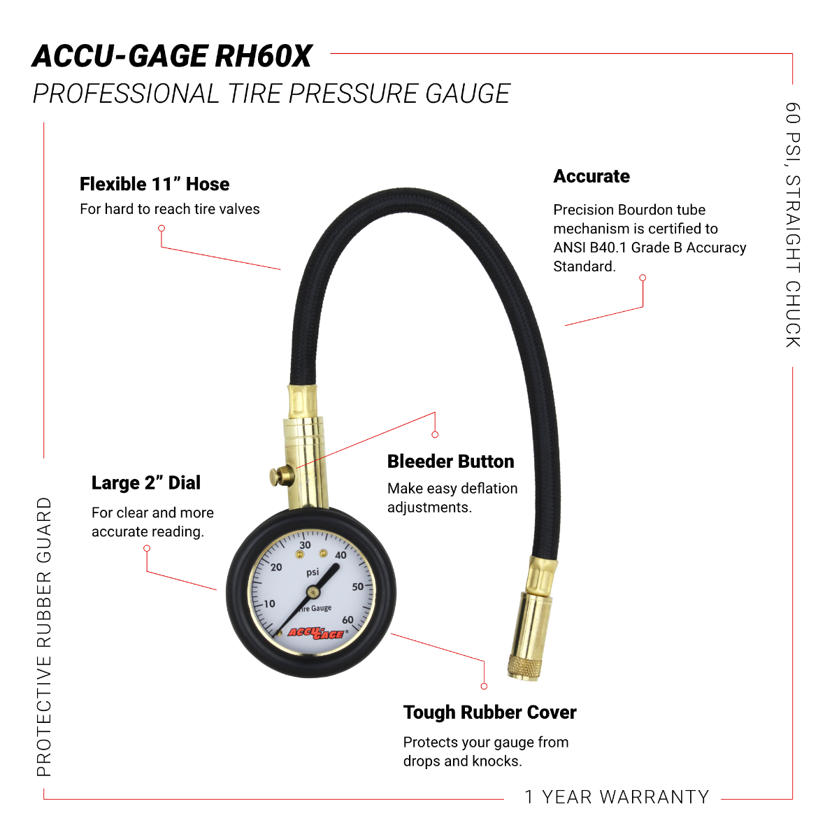 ACCU-GAGE® by Milton® Dial Tire Pressure Gauge w/ Straight Air Chuck and 11