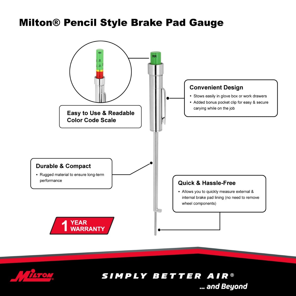 Pencil-Style Brake Pad Gauge, Easy to Read Color Coded, 0 to 20mm
