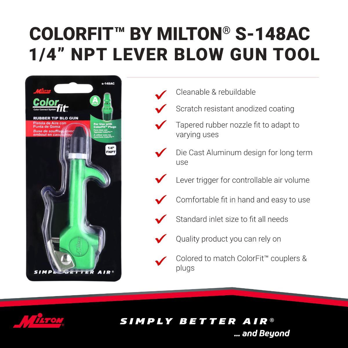 COLORFIT® S-148AC 1/4  NPT Lever Blow Gun Tool, Rubber Tip Nozzle, Green
