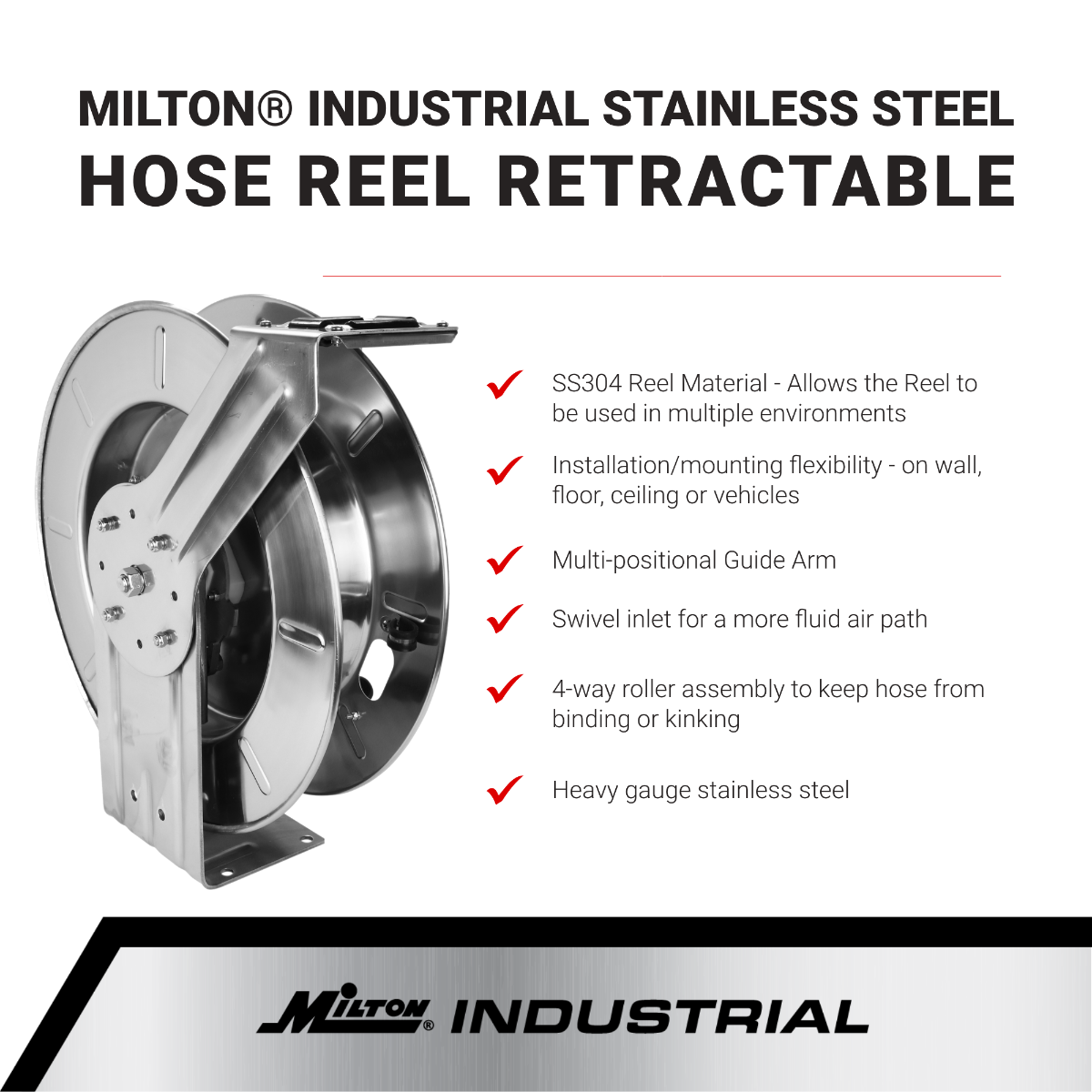 2751-2514SS - Milton® Industrial Stainless Steel Hose Reel Retractable,  1/4 ID x 25' Ultra-Lightweight Rubber Hose w/ 1/4 NPT, 300 PSI
