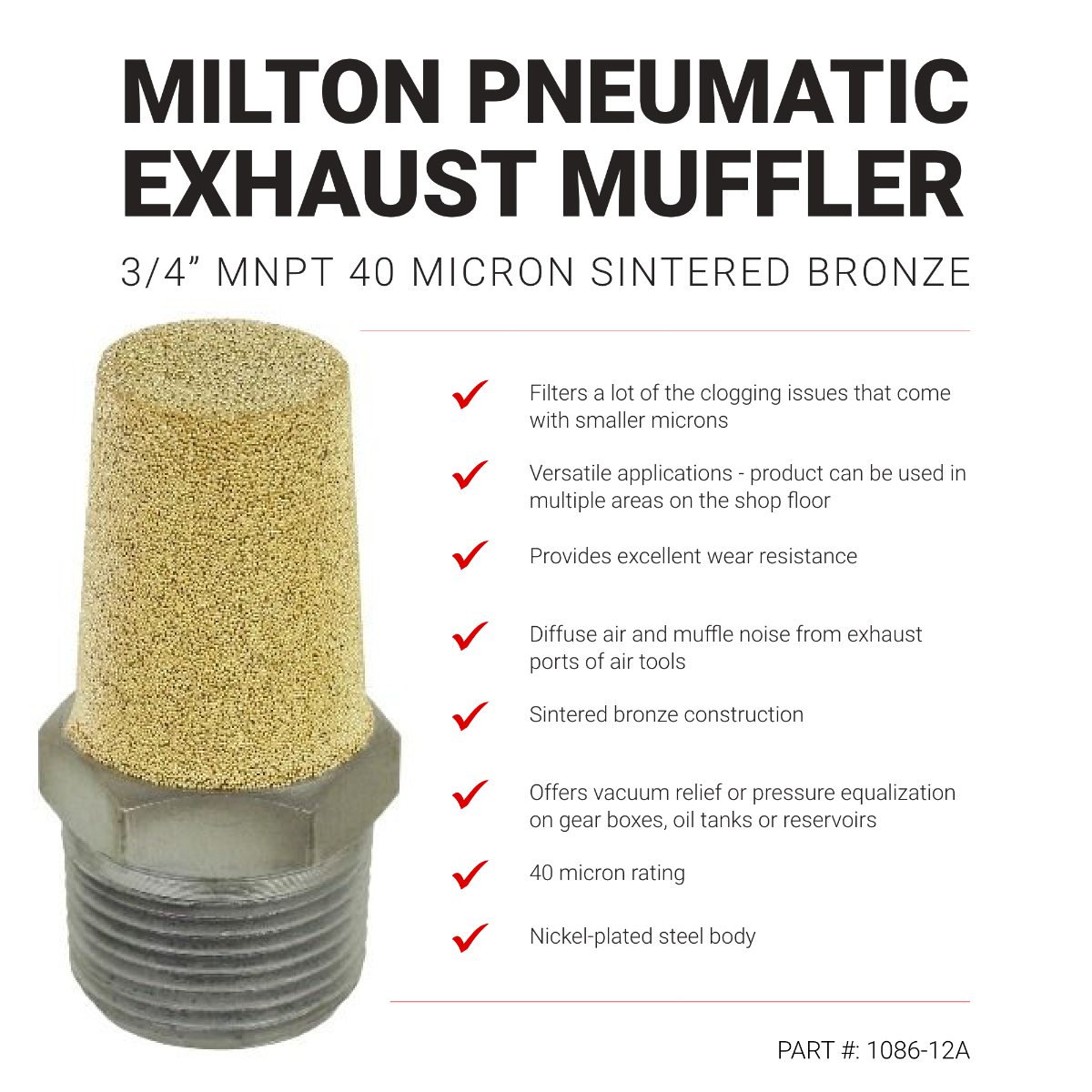 Pneumatic Exhaust Muffler, 3/4” MNPT, 40 Micron Sintered Bronze Silencer/Diffuse Air & Noise Reducer (Box of 25)