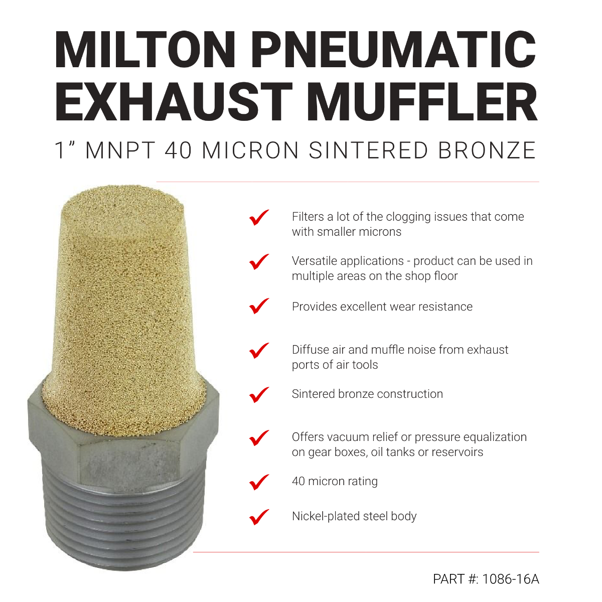 Pneumatic Exhaust Muffler, 1” MNPT 40 Micron Sintered Bronze Silencer/Diffuse air & Noise Reducer - Box of 25