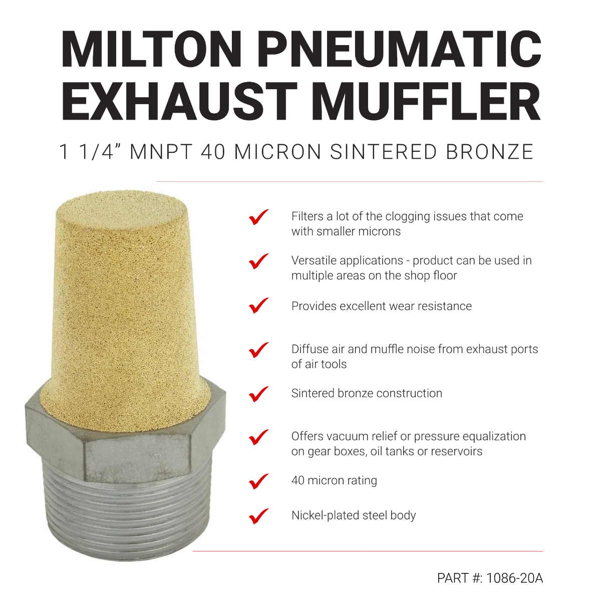 Pneumatic Exhaust Muffler, 1 1/4” MNPT 40 Micron Sintered Bronze Silencer/Diffuse air & Noise Reducer - Box of 25