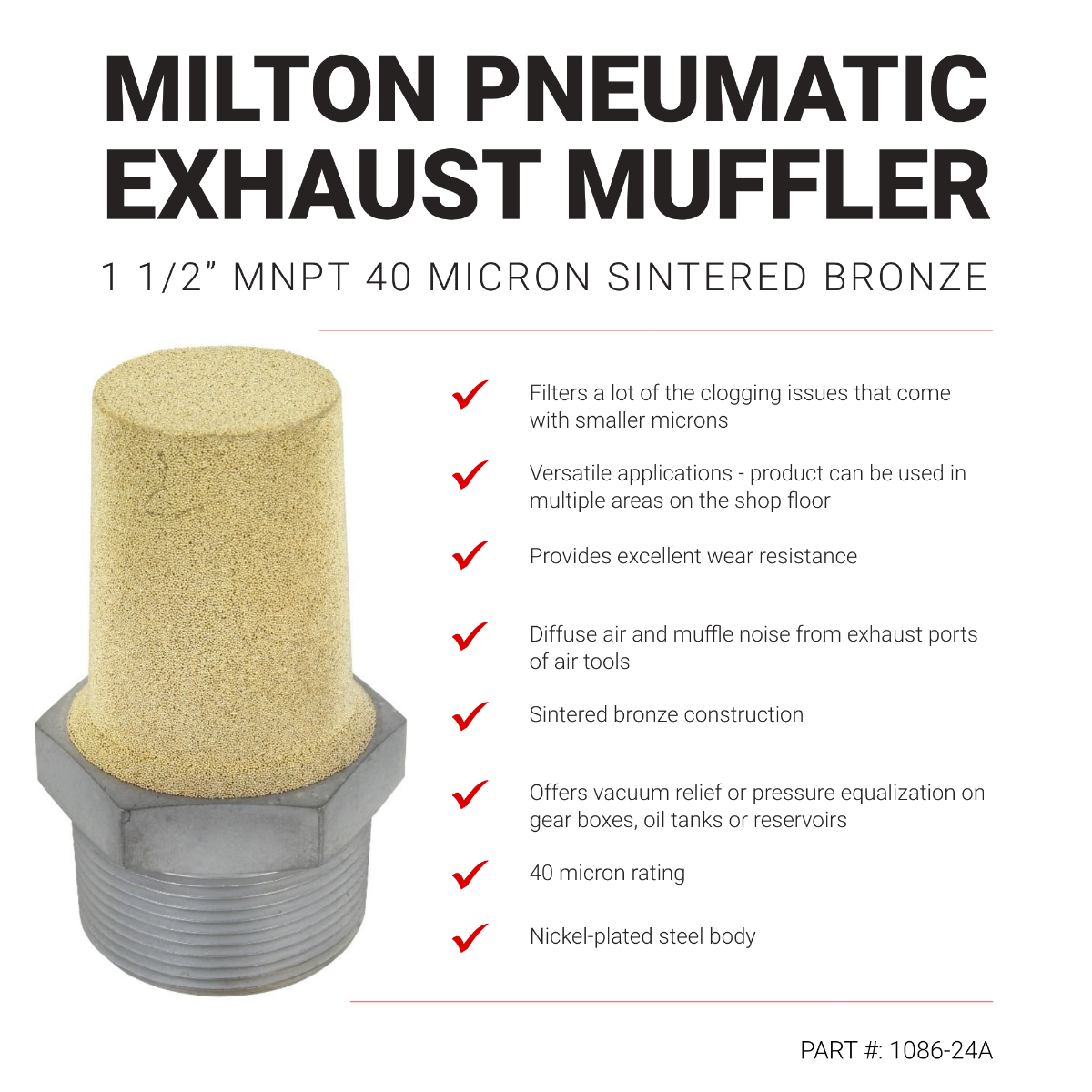 Milton Pneumatic Exhaust Muffler, 1” MNPT 40 Micron Sintered Bronze Silencer/Diffuse Air and Noise Reducer - Box of 25