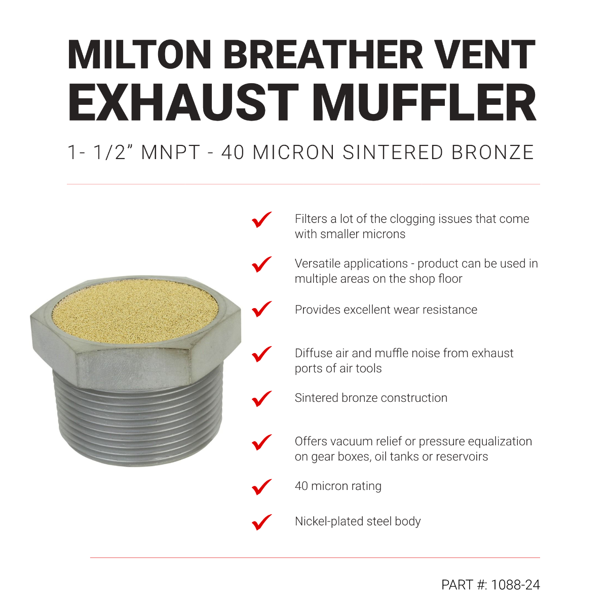 Breather Vent Pneumatic Muffler, 1- 1/2” MNPT - 40 Micron Sintered Bronze Silencer/Diffuse Air & Noise Reducer