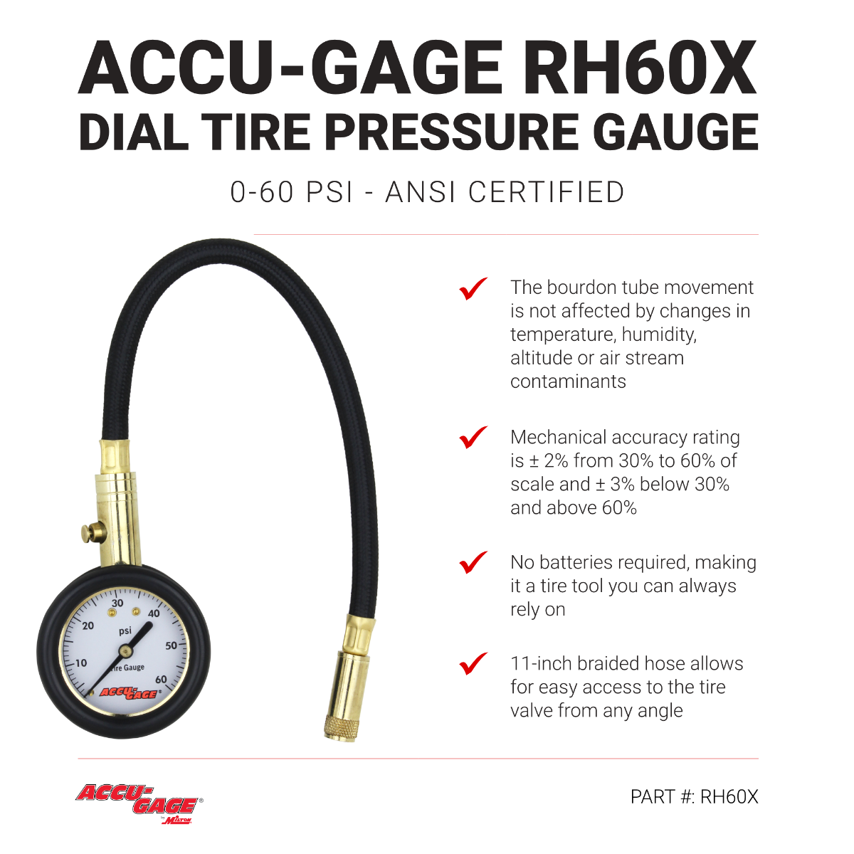 ACCU-GAGE® by Milton® Dial Tire Pressure Gauge w/ Straight Air Chuck and 11