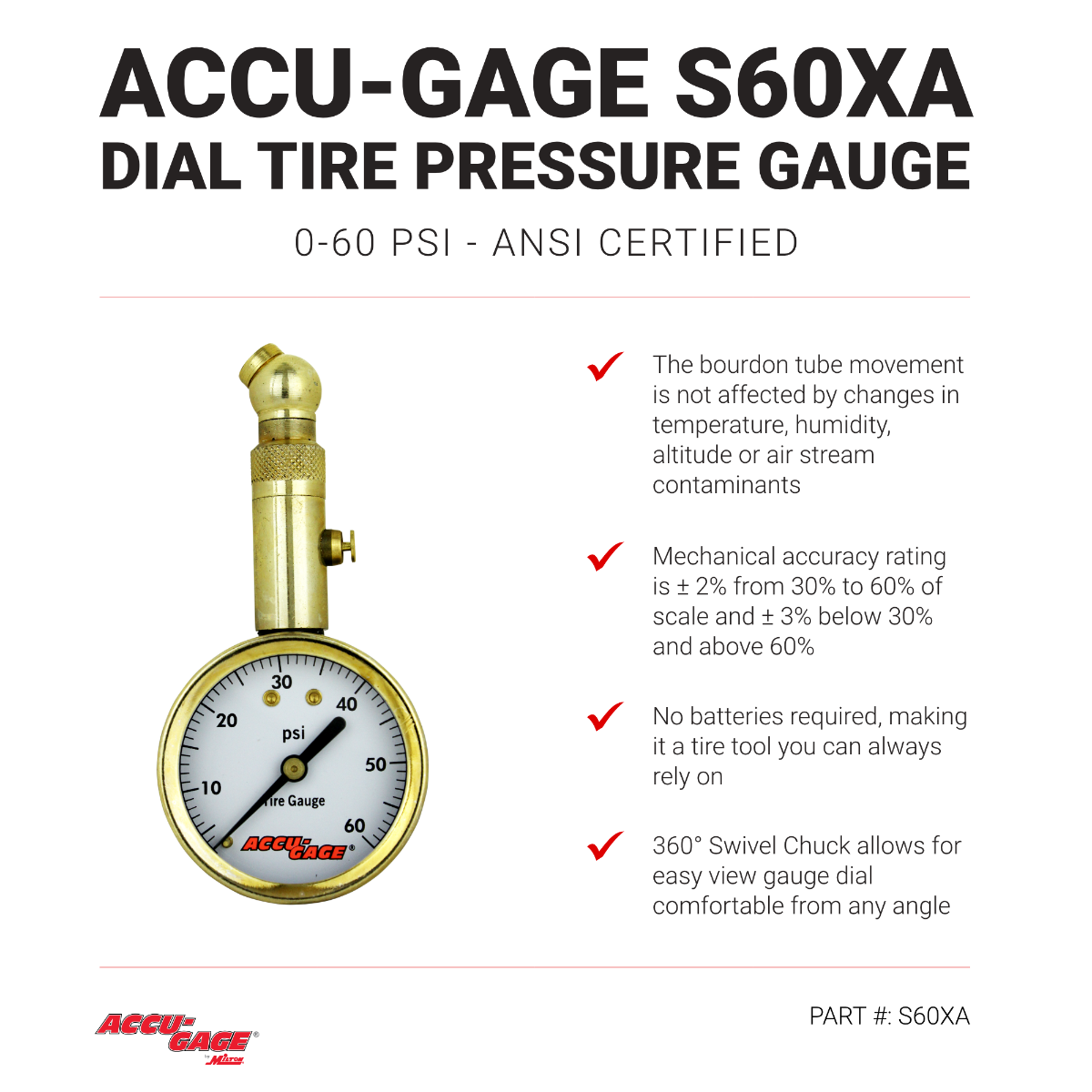 ACCU-GAGE® by Milton® Dial Tire Pressure Gauge with Swivel Angle Air Chuck - ANSI Certified for Motorcycle/Car/Truck Tires (0-60 PSI)