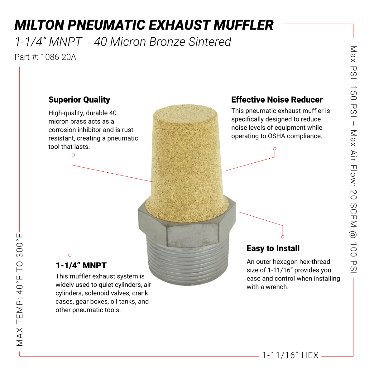 Pneumatic Exhaust Muffler, 1 1/4” MNPT 40 Micron Sintered Bronze Silencer/Diffuse air & Noise Reducer - Box of 25