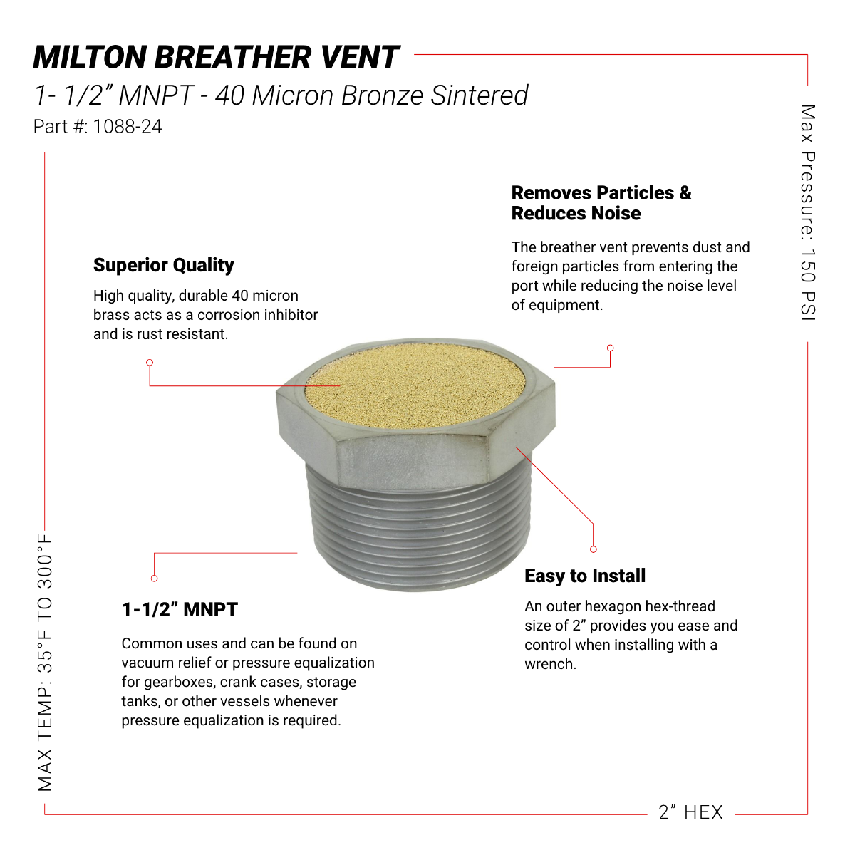 Breather Vent Pneumatic Muffler, 1- 1/2” MNPT - 40 Micron Sintered Bronze Silencer/Diffuse Air & Noise Reducer