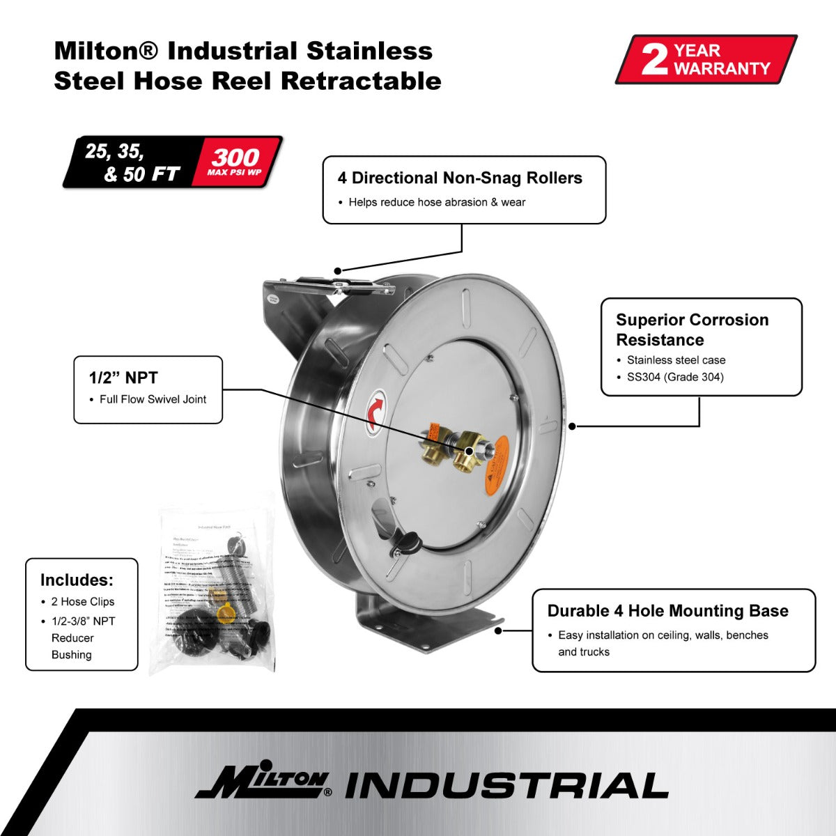 Milton Stainless Steel Hose Reel Retractable, 1/2 ID x 35' EPDM hose w/ 1/2  NPT, 300 PSI — Milton® Industries Inc.