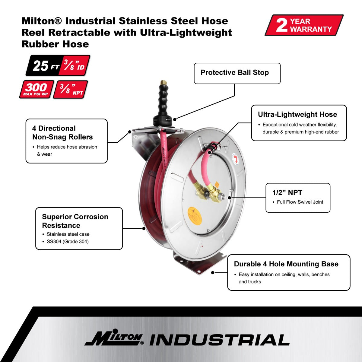 Industrial Stainless Steel Hose Reel Retractable, 3/8