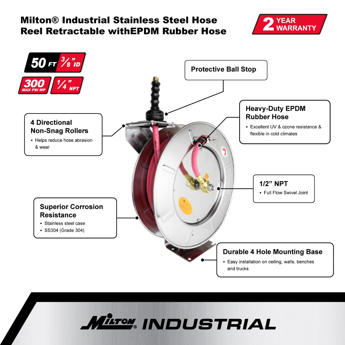 Industrial Stainless Steel Hose Reel Retractable, 3/8