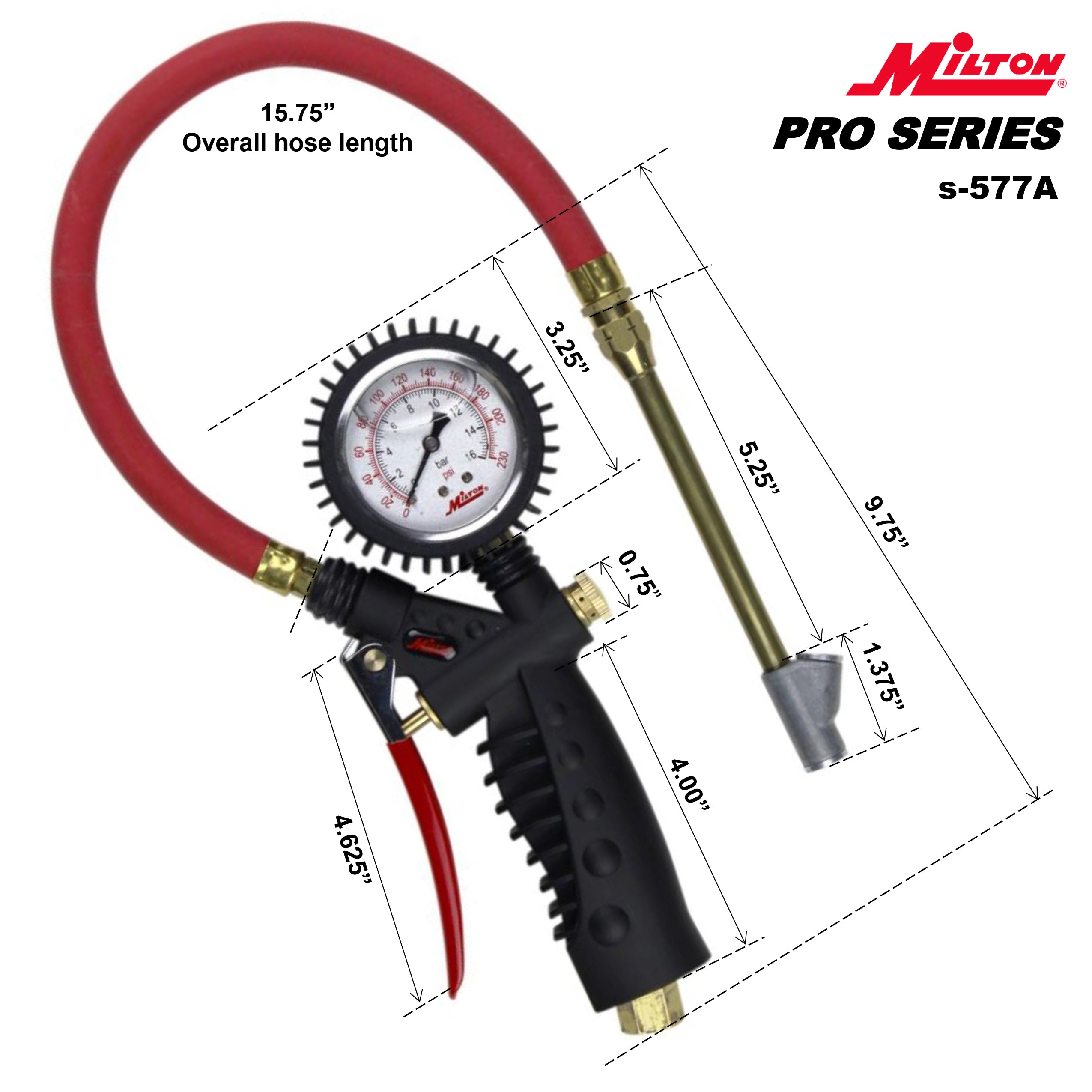 Pro Series Oil-Filled Analog Pistol Grip Tire Inflator/Deflator Pressure Gauge - Dual Head Straight Foot Chuck w/Lock-On Threads, 15