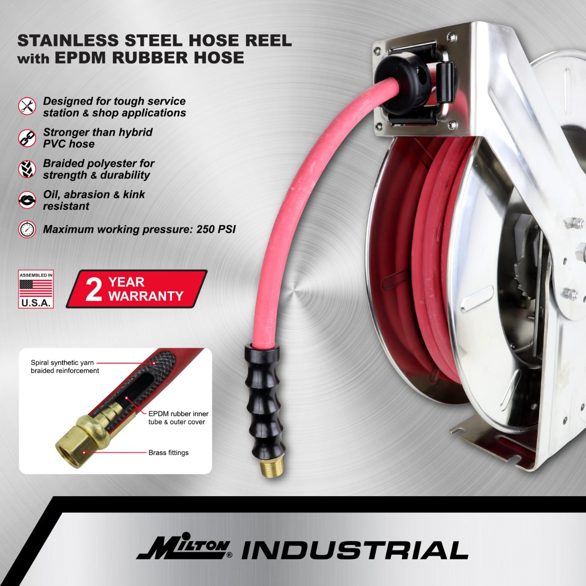 Milton Stainless Steel Hose Reel Retractable, 3/8 ID x 50' EPDM