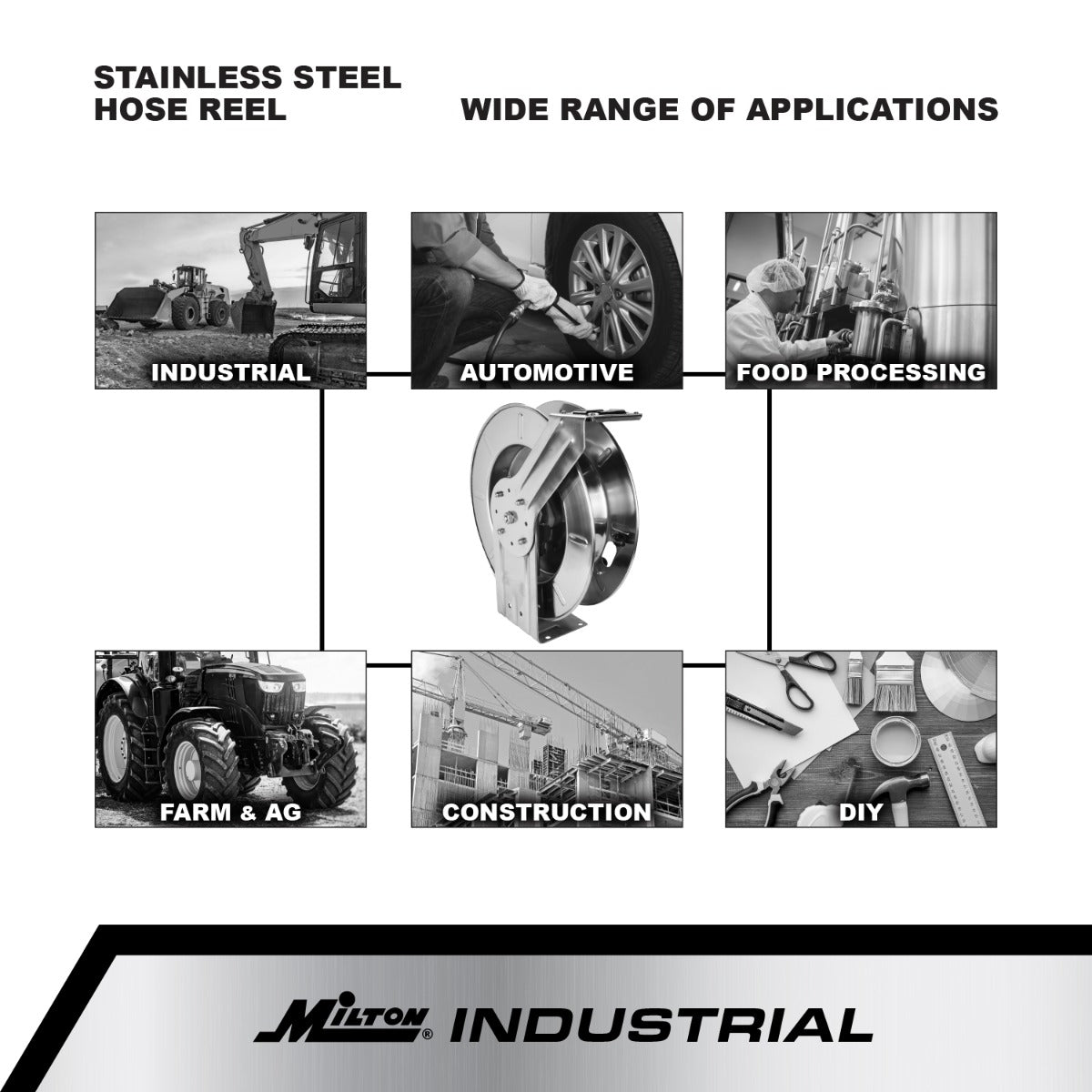 Milton Stainless Steel Hose Reel Retractable, 1/2 ID x 25' EPDM hose w/  1/2 NPT, 300 PSI — Milton® Industries Inc.