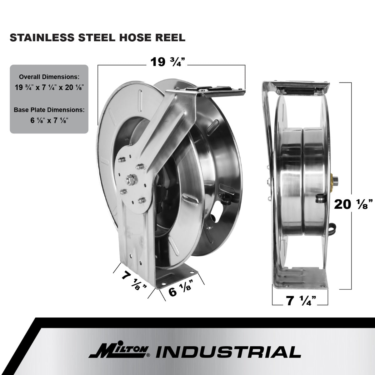 Milton Stainless Steel Hose Reel Retractable, 1/2 NPT, Hose Capacity 25',  35', and 50', 300 PSI — Milton® Industries Inc.