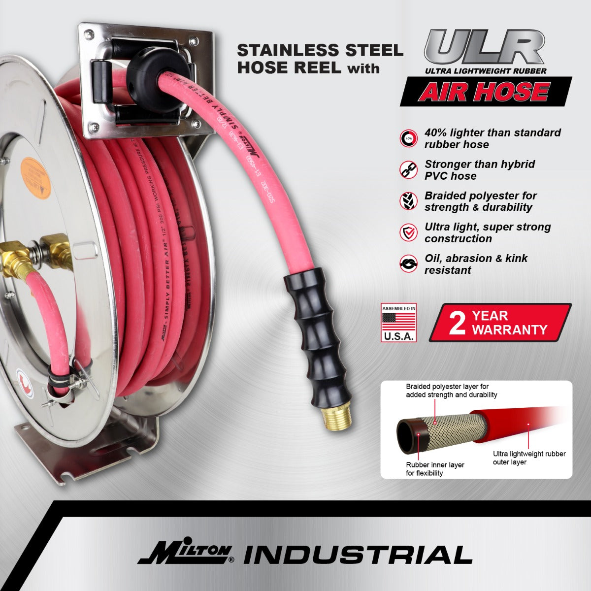 Milton Stainless Steel Hose Reel Retractable, 1/4 ID x 25'  Ultra-Lightweight Rubber hose w/ 1/4 NPT, 300 PSI — Milton® Industries Inc.